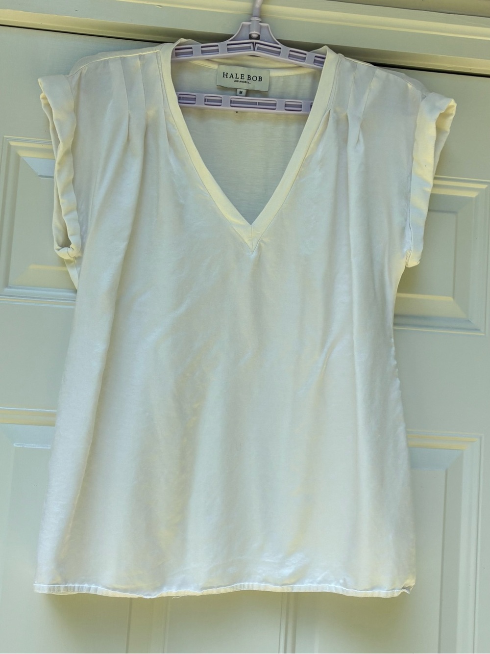 Hale Bob Womens Blouse Ivory Sz M Short Sleeve Shirt Silk Blend